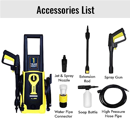 Inalsa High Pressure Washer PowerShot-1600W|100% Pure Copper Motor|Pressure-135 Bar, Max Flow-408 l/h, Working Radius +11 m,5M High Pressure Hose Pipe for Cleaning Homes, Cars, Garden, (Yellow/Black) Inalsa High Pressure Washer PowerShot-1600W|100% Pure Copper Motor|Pressure-135 Bar, Max Flow-408 l/h, Working Radius +11 m,5M High Pressure Hose Pipe for Cleaning Homes, Cars, Garden, (Yellow/Black)